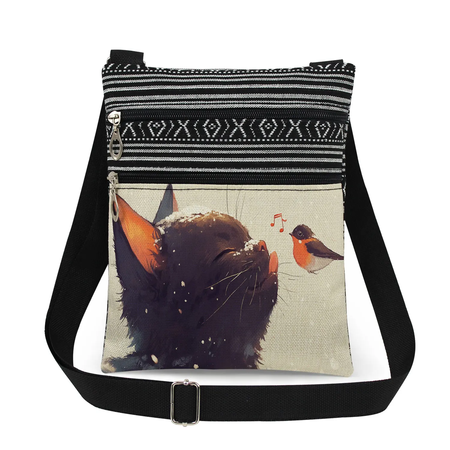 Black Cat and Bird Print Men\'s Messenger Bag Outdoor Men\'s Fashionable Shoulder Bag Women\'s Crossbody Bag