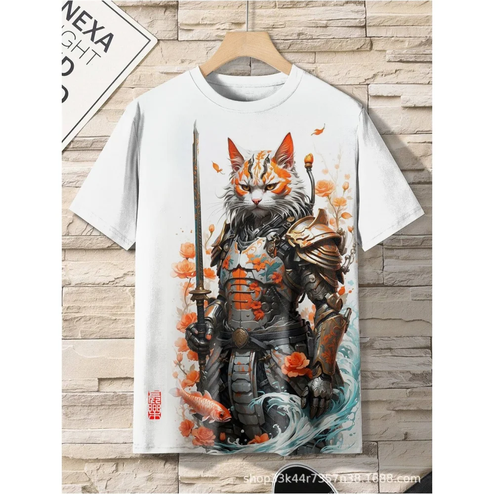 Japanse Samurai Cat Heren T-Shirt Zomer Mode Korte Mouwen Casual Top Losse Ademende Micro Elastische O Hals T-Shirt Heren