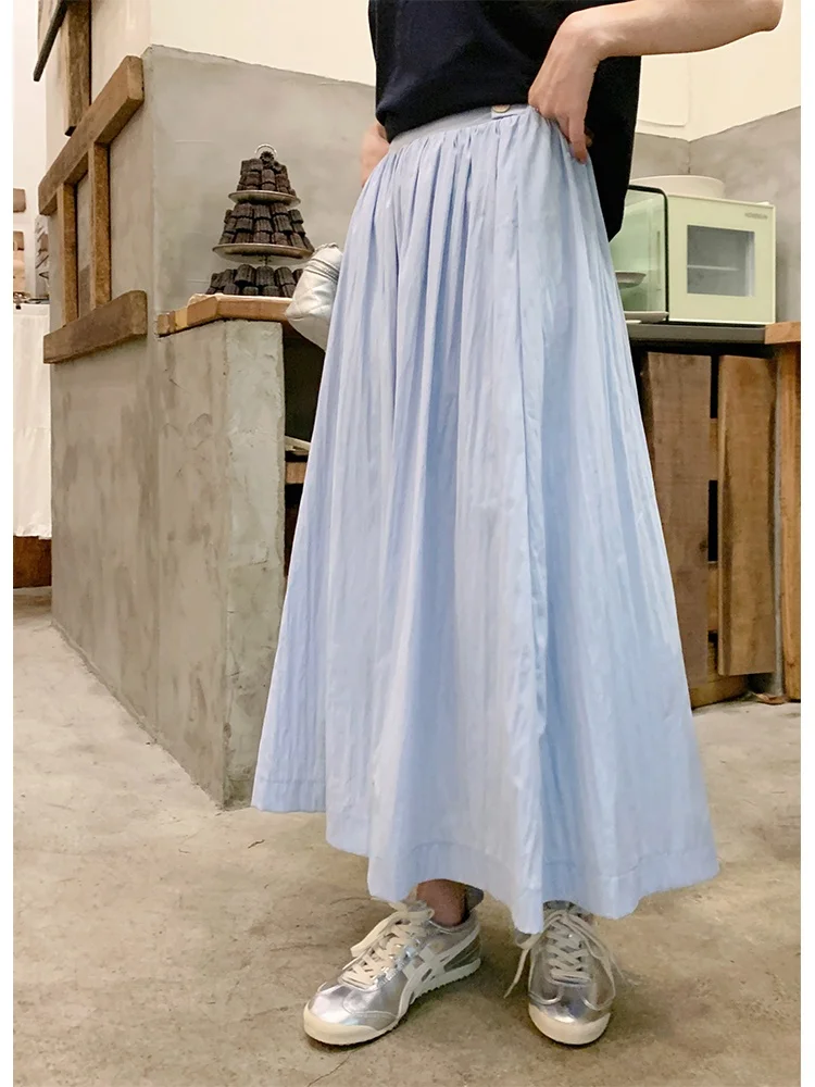 

Синяя женская юбка-миди А-силуэта, летняя коллекция 2025, простая повседневная, стройнящая, с высокой талией, с большим оборотным подолом, элегантная