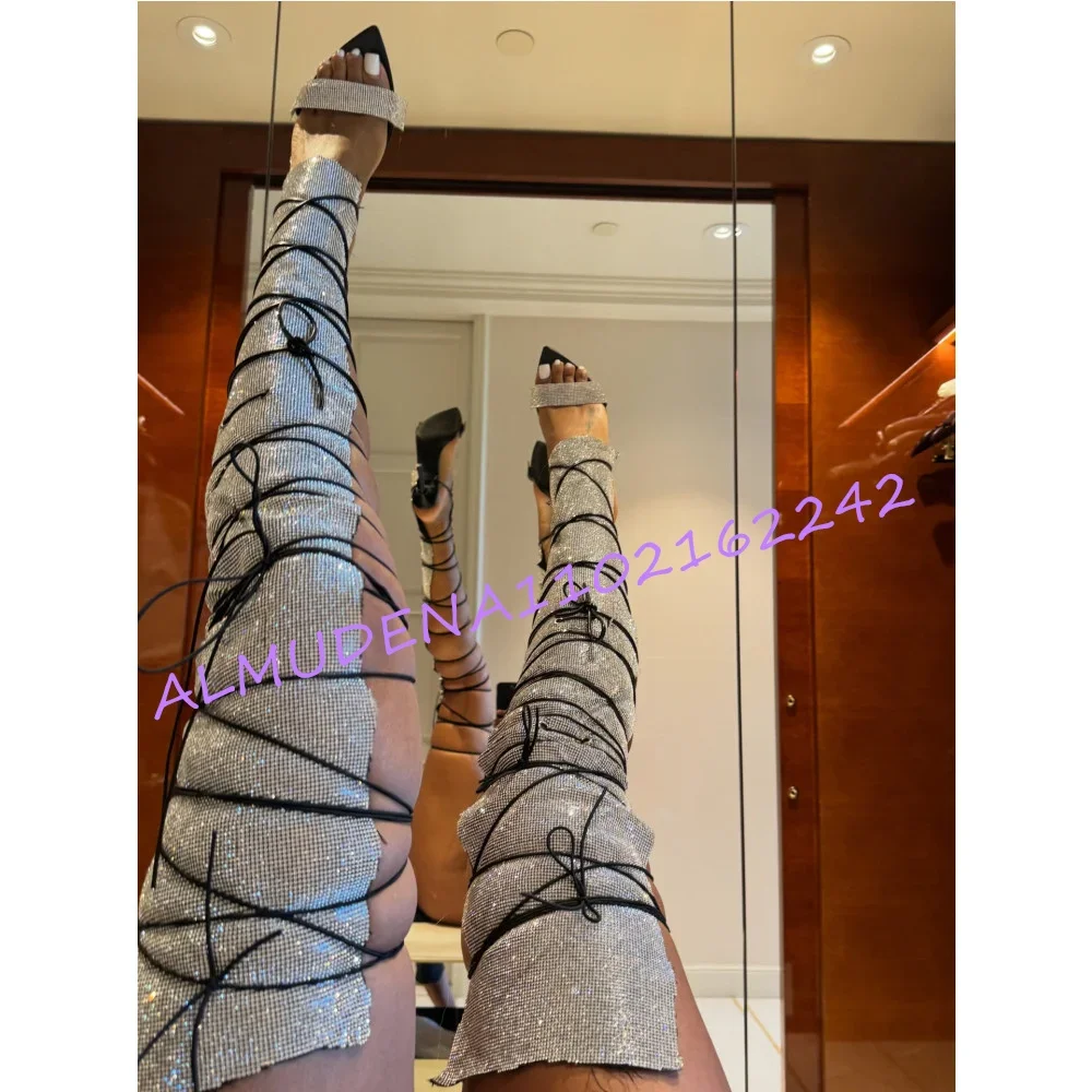 Women'S Crystal Mesh Wrap Thigh High Heeled Sandals Open Toe Crisscross Lace Up Stiletto Boots For Club Party & Night Out Events
