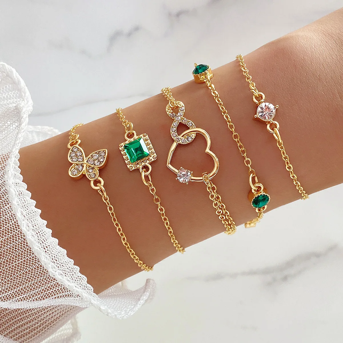 New Luxurious Geometry Square Green Crystal Bracelets Women Fashion Exquisite Butterfly Love Heart Metal Bracelets Set Jewelry