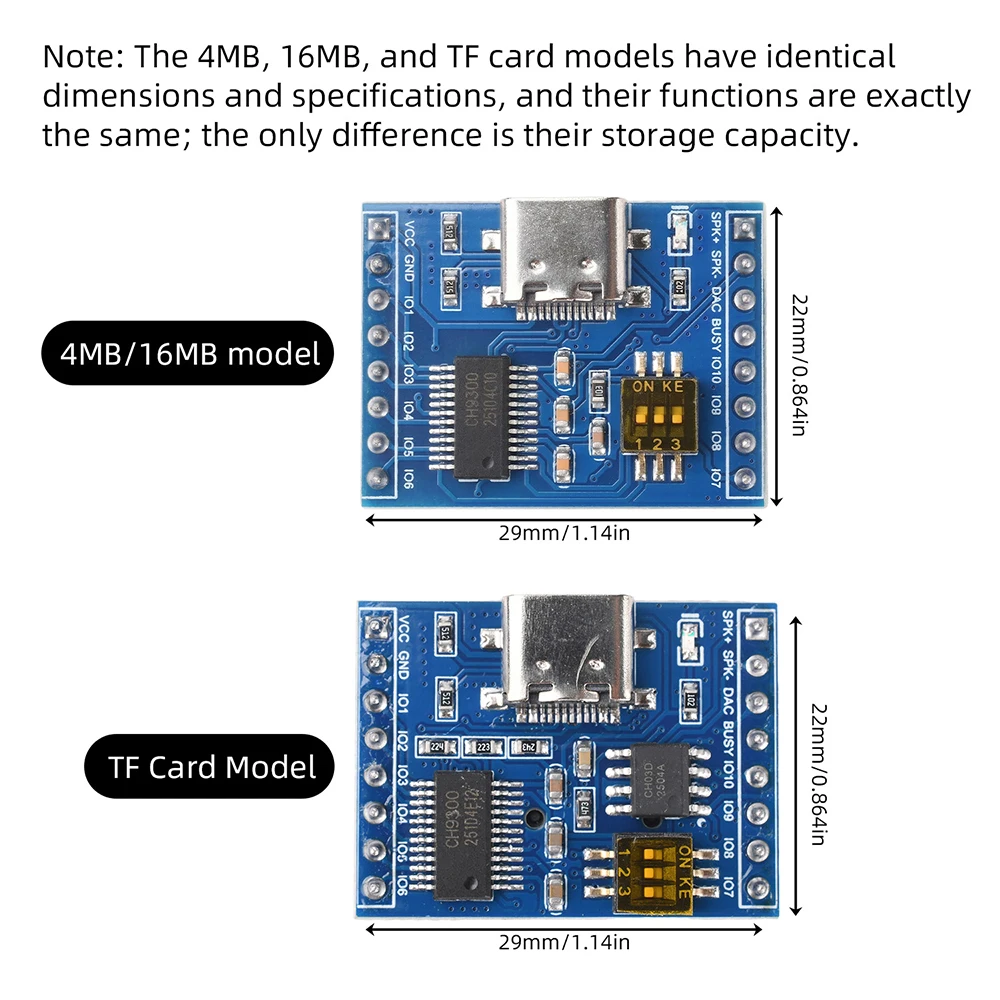 CH9300 Audio-Sprachmodul mit 10 Tasten für Einzelsteuerung der Wiedergabe, unterstützt MP3-Hardware-Dekodierung, Typ-C USB, 4 MB/16 MB/TF-Karte – Detail 8
