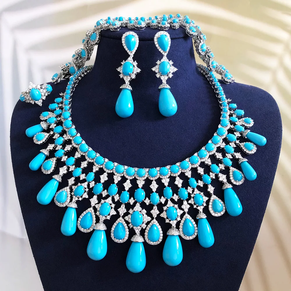 GODKI Trendy 4PCS Luxury Turquoise Statement Jewelry Sets For Women Wedding Cubic Zircon Indian African Dubai Bridal Necklace