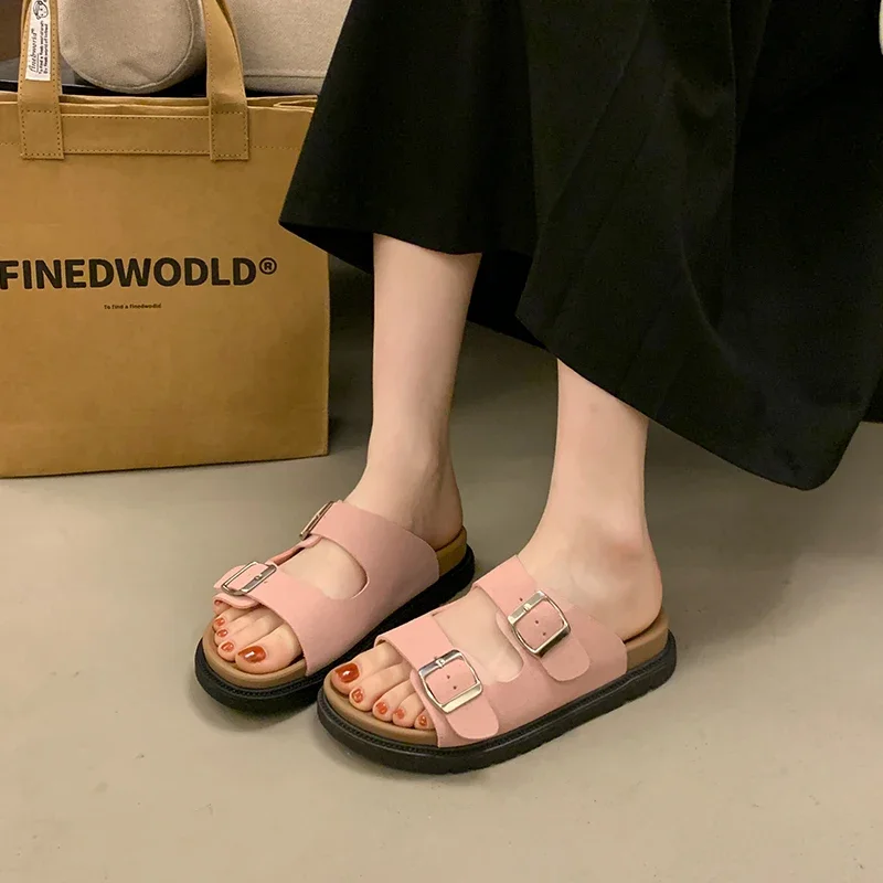 Summer New Non-slip Wear-resistant Silver Metal Buckle Slippers Flat Flip-flops Cow Leather Casual Women's Shoes Slippers Women