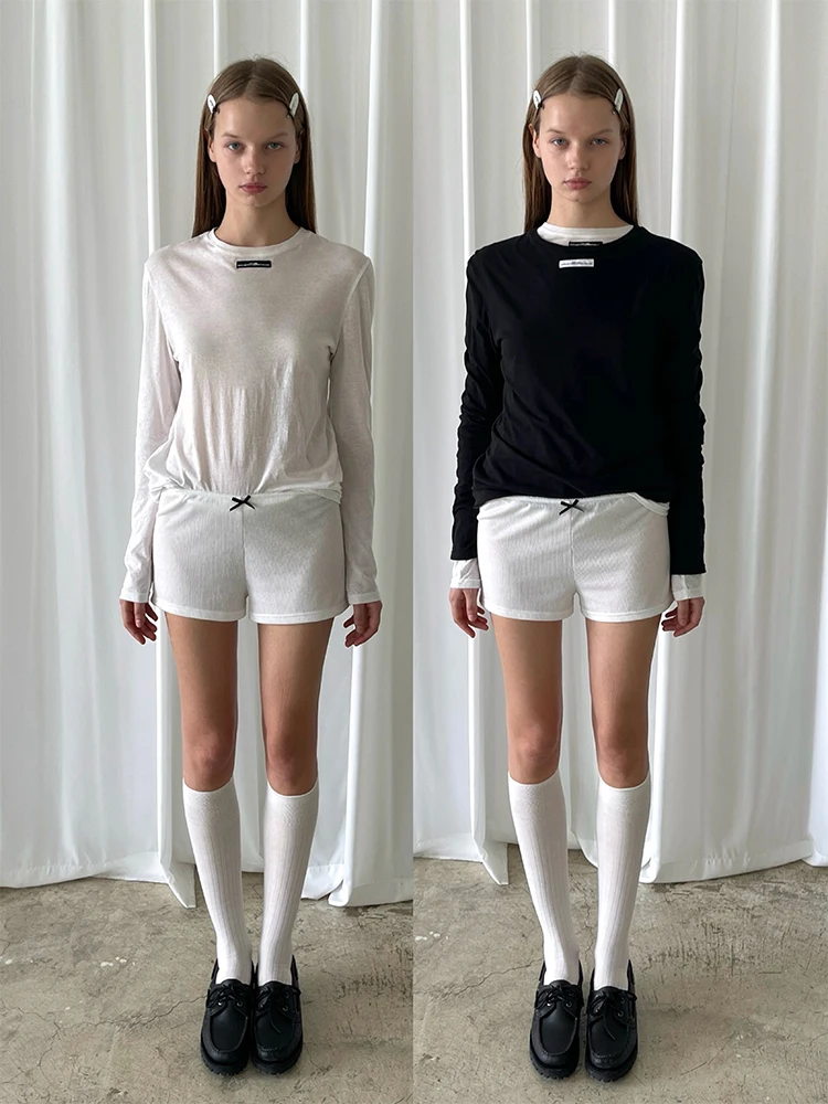 

PFF GIRL Tri-Color Logo Cotton T-irt Bla White ey Long Sve round Ne Regular Fit Commute Sle Spring Season