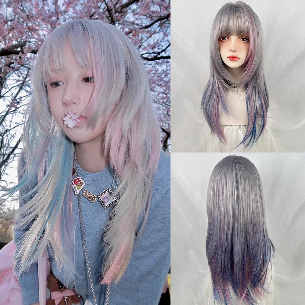 

Синтетический короткий прямой серый розовый Ombre синий многослойный парик с бликами женский пушистый парик для косплея Лолиты для повседневной вечеринки