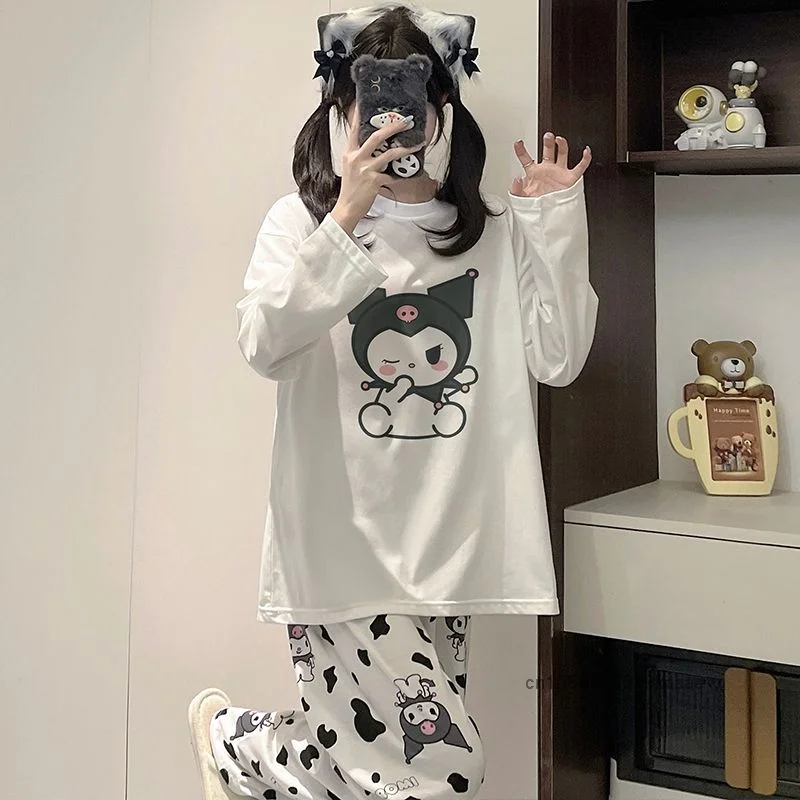 Sanrio Kuromi New Pure Cotton Round Neck Cartoon Sleepwear Cute Sweet Long Sleeve Pajamas Korean Style Loose Casual Home Clothes