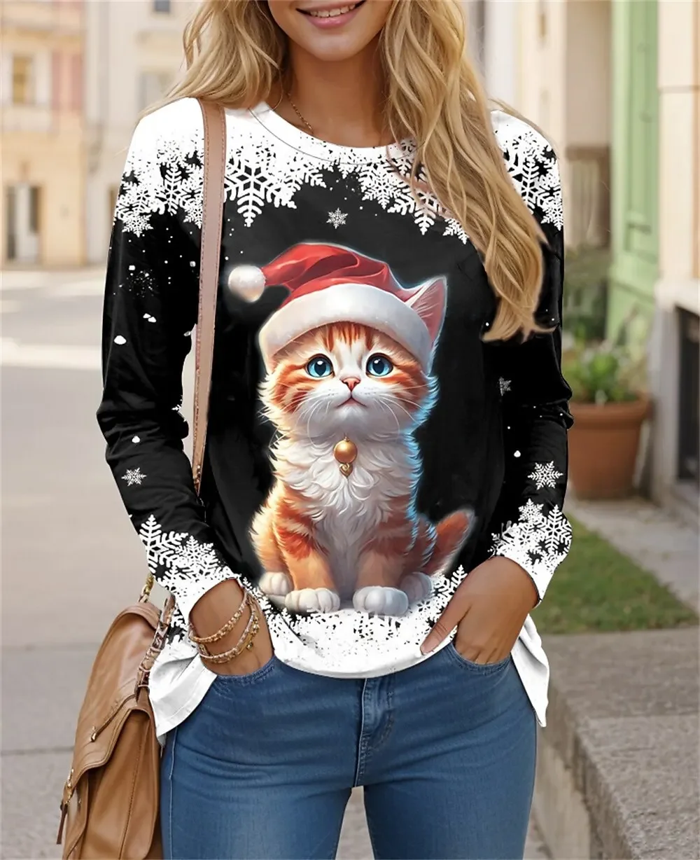 Cute Christmas Women's T-shirt Black White Cartoon Cat 3D Print Long Sleeve Loose Tee Shirts Christmas Festival Funny O-Neck Top