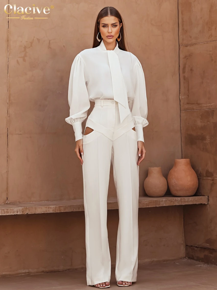 Clacive Casual Loose White Women's Shirt 2025 Fashion Bow Collar Long Sleeve Shirts Elegant Classic Solid Top Female Clothing