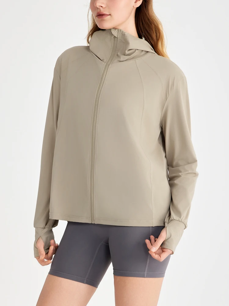 VITALINOVO Women's Hooded Lightweight Running Jacket UPF 50+ Sun Protection Full Zip Athletic Jacket with Thumb Hole Relaxed Fit