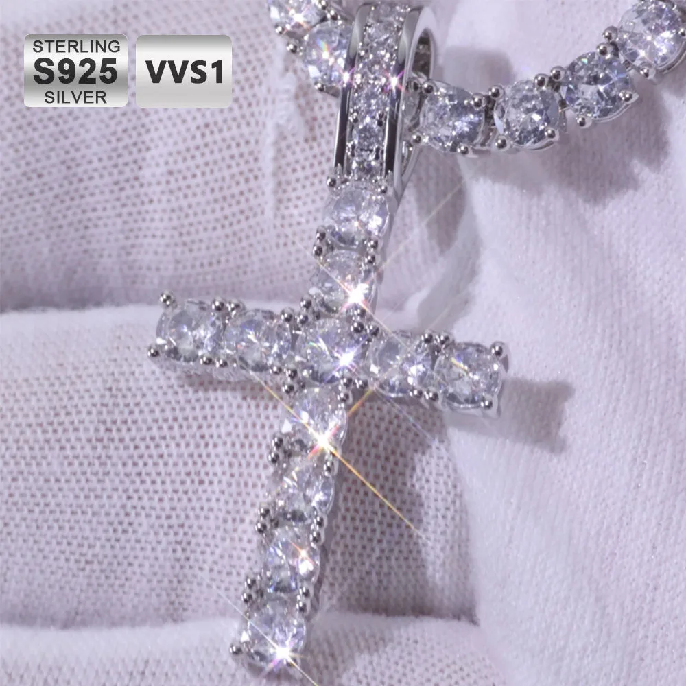 

Fine Jewelry Moissanite Cross Pendant 925 Sterling Silver Hip Hop Shiny VVS Diamond Charm Necklace For Men No Fade