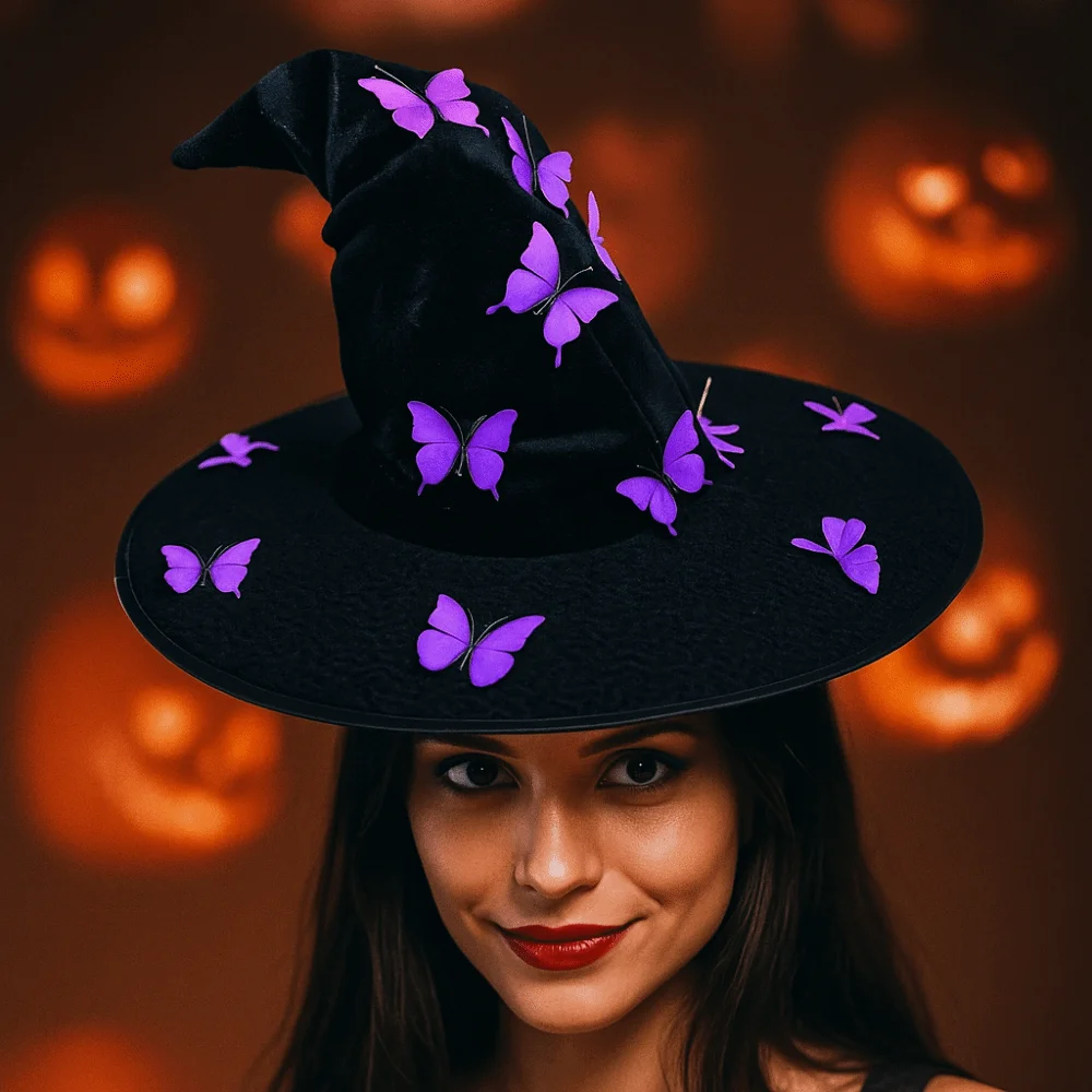 

Colorful Halloween Witch Hat Velvet Party Props Butterfly Wizard Cap Cosplay Accessories Halloween Black Cap Children