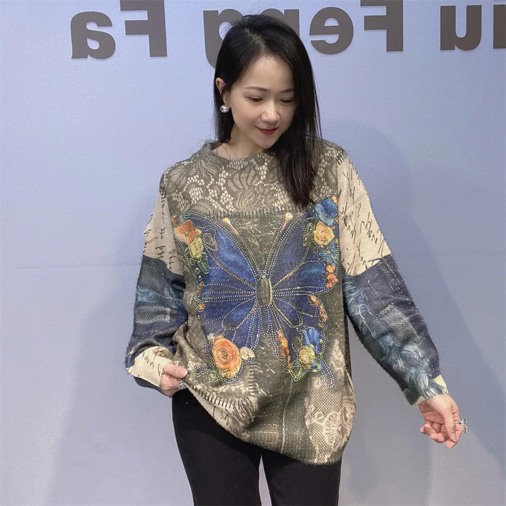 

Винтажный стиль, свитер большого размера, женская одежда, пуловер с длинными рукавами и круглым вырезом с принтом бабочки и бриллиантами, трикотаж, свободный свитшот