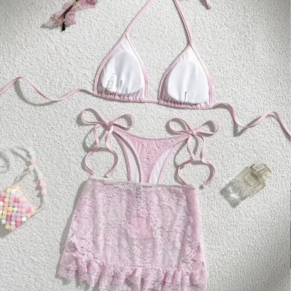 Sexy Women's Bikini Lace 3-Piece Set with Triangular Suspender Lace Skirt Split-Type Beachwear Fashionable Summer Beach Swimsuit