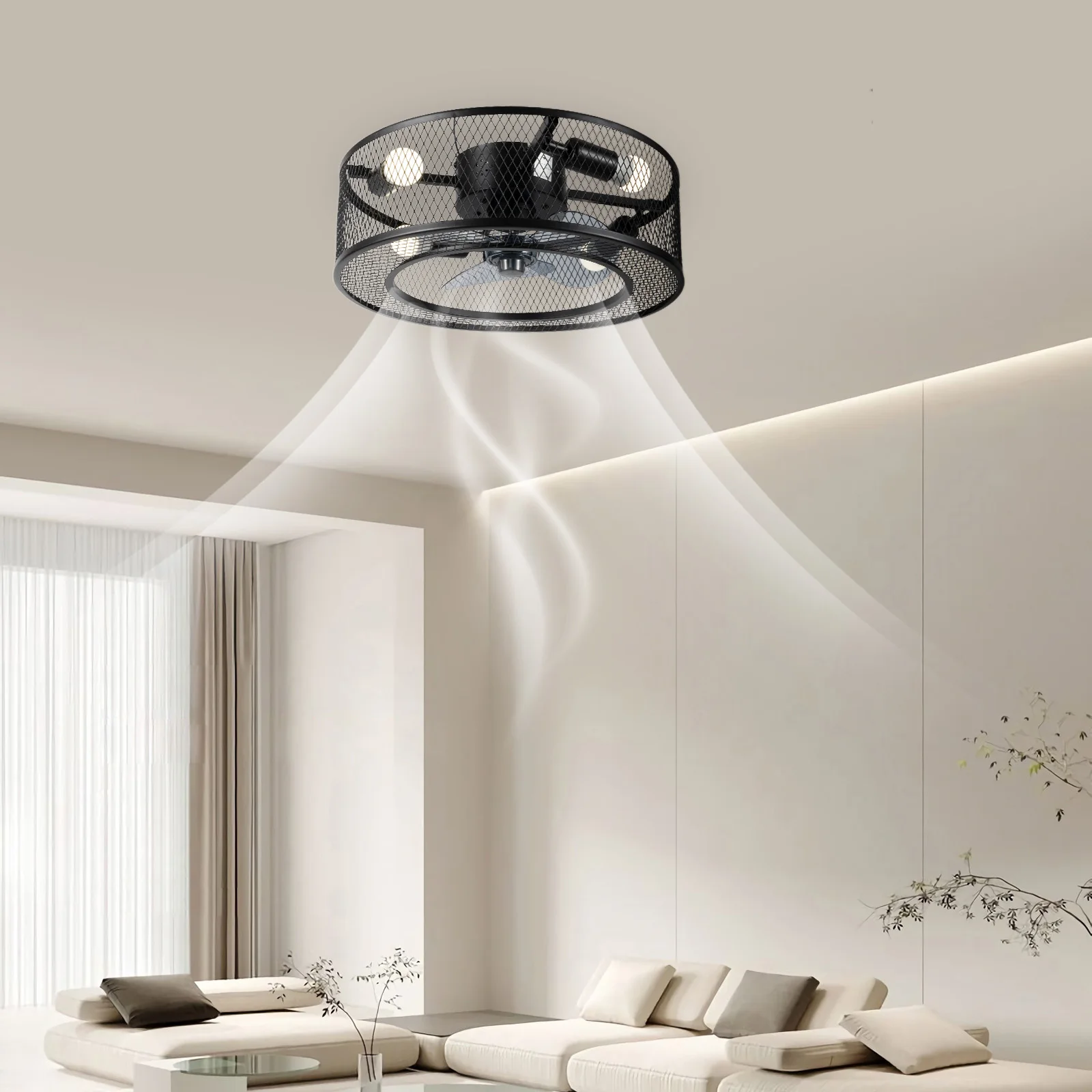 Modern LED Ceiling Fan Light Semi Flush Mount Caged Fan Lamp with Remote Control Low Noise Iron Frame Ceiling fan with Lights