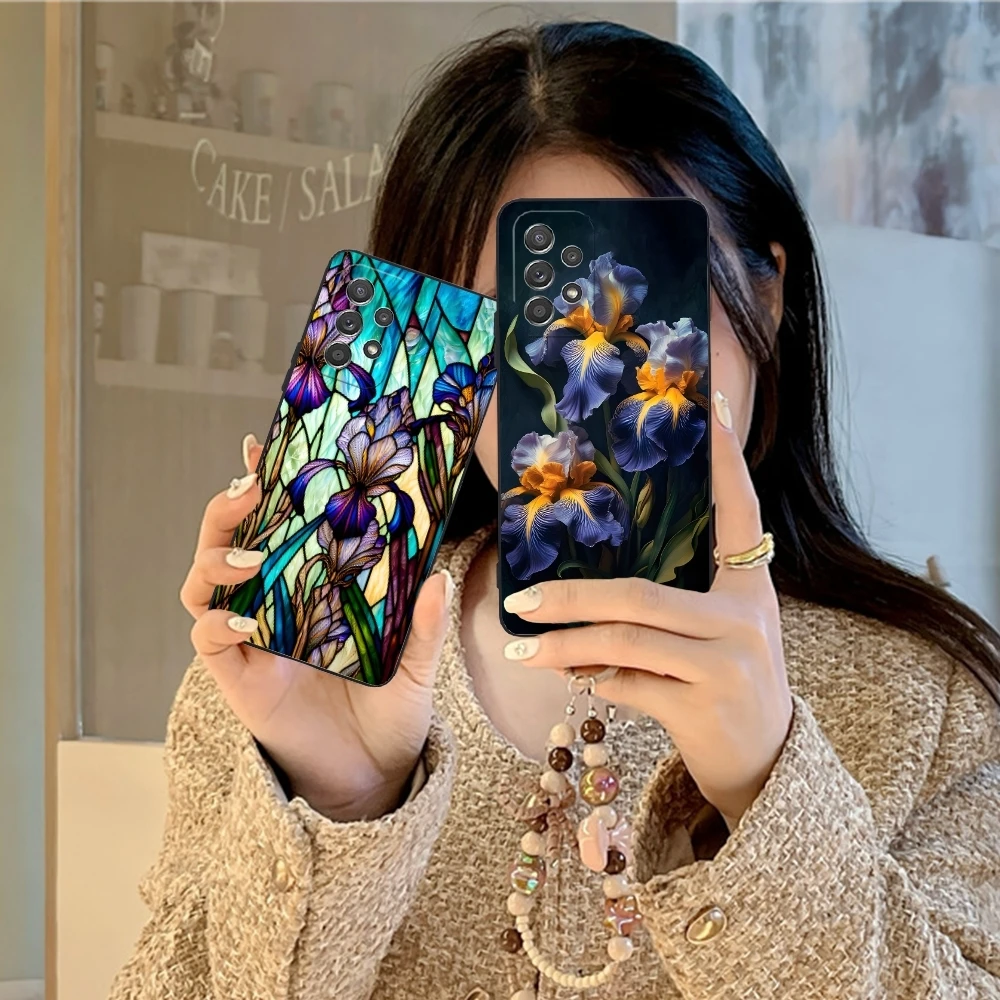 Iris Flower Pretty Mobile Cell Phone Case for Samsung Galaxy A91 73 71 70 54 53 52 34 24 23 21 S 5G Black Soft Phone Cover Shell