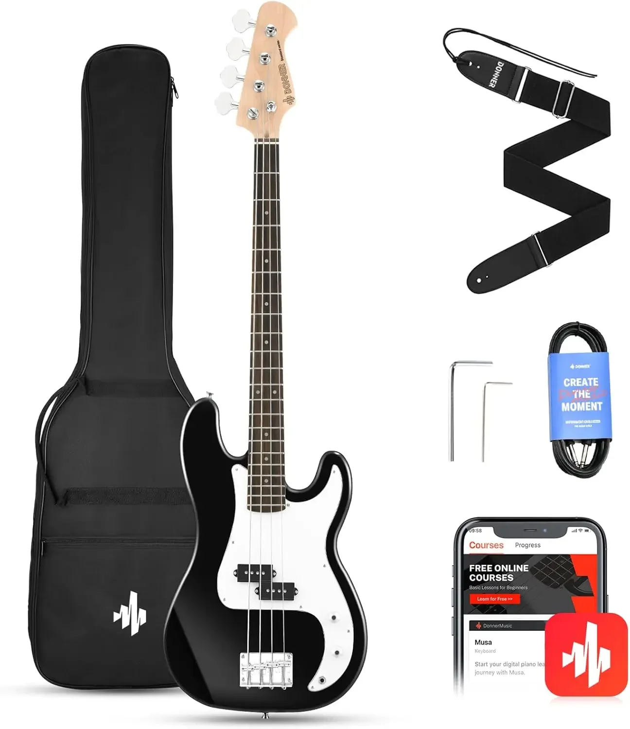 Electric Bass Guitar 4 Strings Full-Size Standard Bass PB-Style Beginner Kit Black for Starter with Free Online Lesson