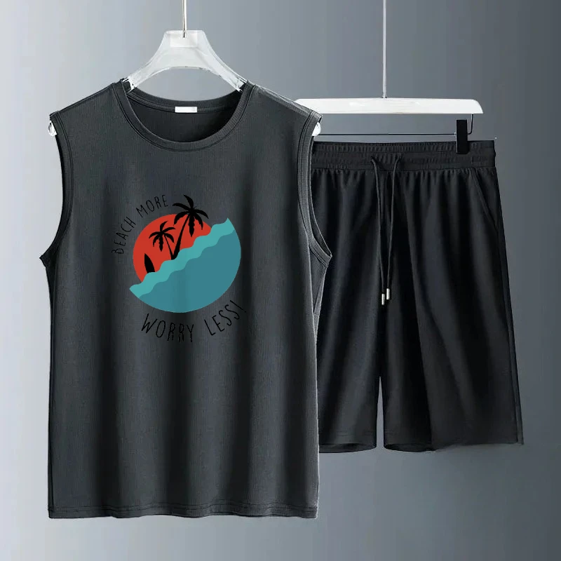 

2025 Men Summer Breathable Sleeveless Half red sun print Set Trendy Casual Wear for Gym Running and Travel luxury men clothing