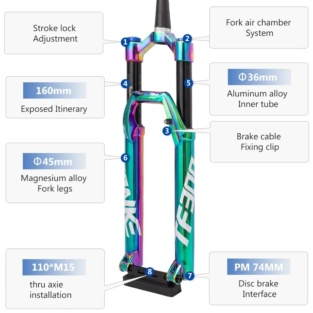 TANKE MTB shock absorption front fork aluminum alloy air oil suspension 27.5 29inch Bike Fork tapered tube boost 36mm TUBE 160mm