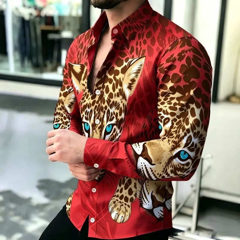 Men's Shirt Trend Baroque Printed Long-Sleeved Shirt Personalized Contrasting Color Retro Leopard Print Slim Casual Shirt XS-6XL