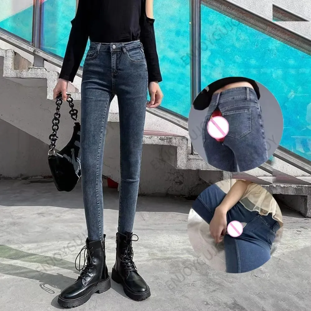 Paare Jeans Frauen Unsichtbarer offener Schritt Outdoor Sex, hoch taillierte Freizeithosen, elastische Bleistifthosen, exotische Damenbekleidung