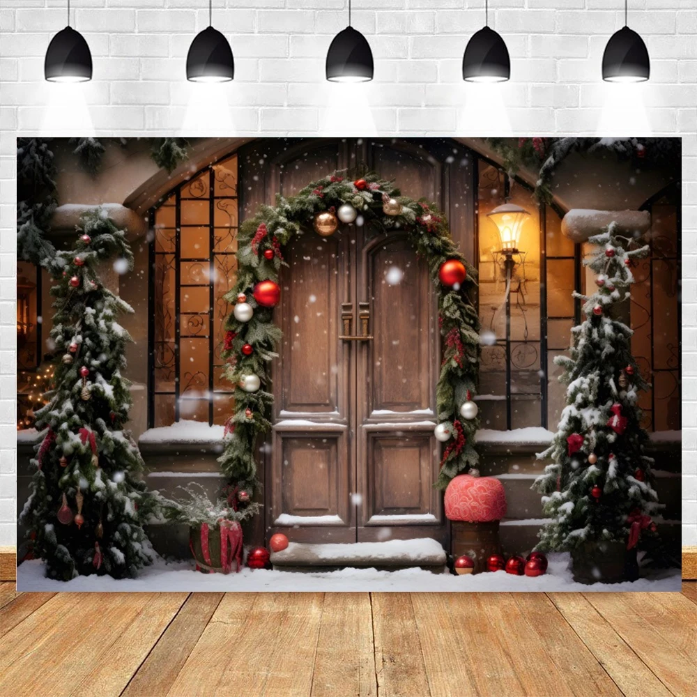 Christmas Backdrop Photography Wooden Door Winter Glitter Xmas Tree Decor Holiday Party Kids Portrait Photo Background Photozone