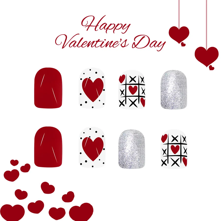 24 Pcs Short Square Fake Nails with Glue 2025 New Valentine's Day Glued False Nails Red Heart Glitter Adhesive Press on Nails