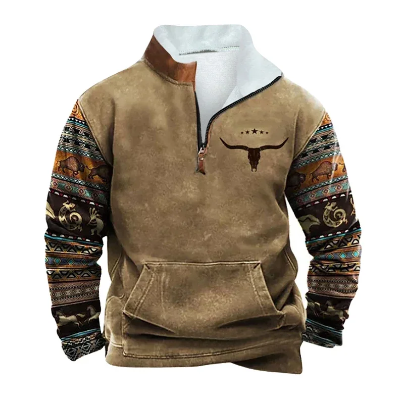 Casual Mens Sweatshirt Wool Lining Long Sleeve Zipper Turndown Collar Loose Pullover Vintage Contrast Color Winter Warm Tops Men