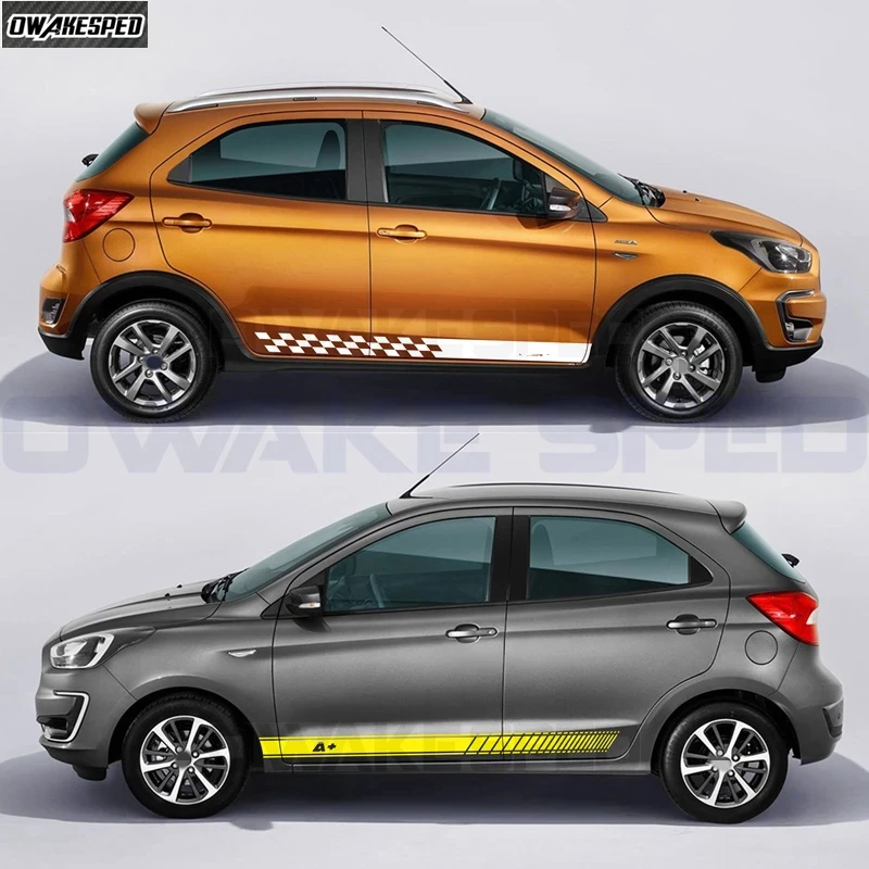 2PCS Racing Sport Long Stripes Car Door Side Skirt Sticker For Ford KA+ Auto Body Decor Vinyl Decal Waterproof Accessories