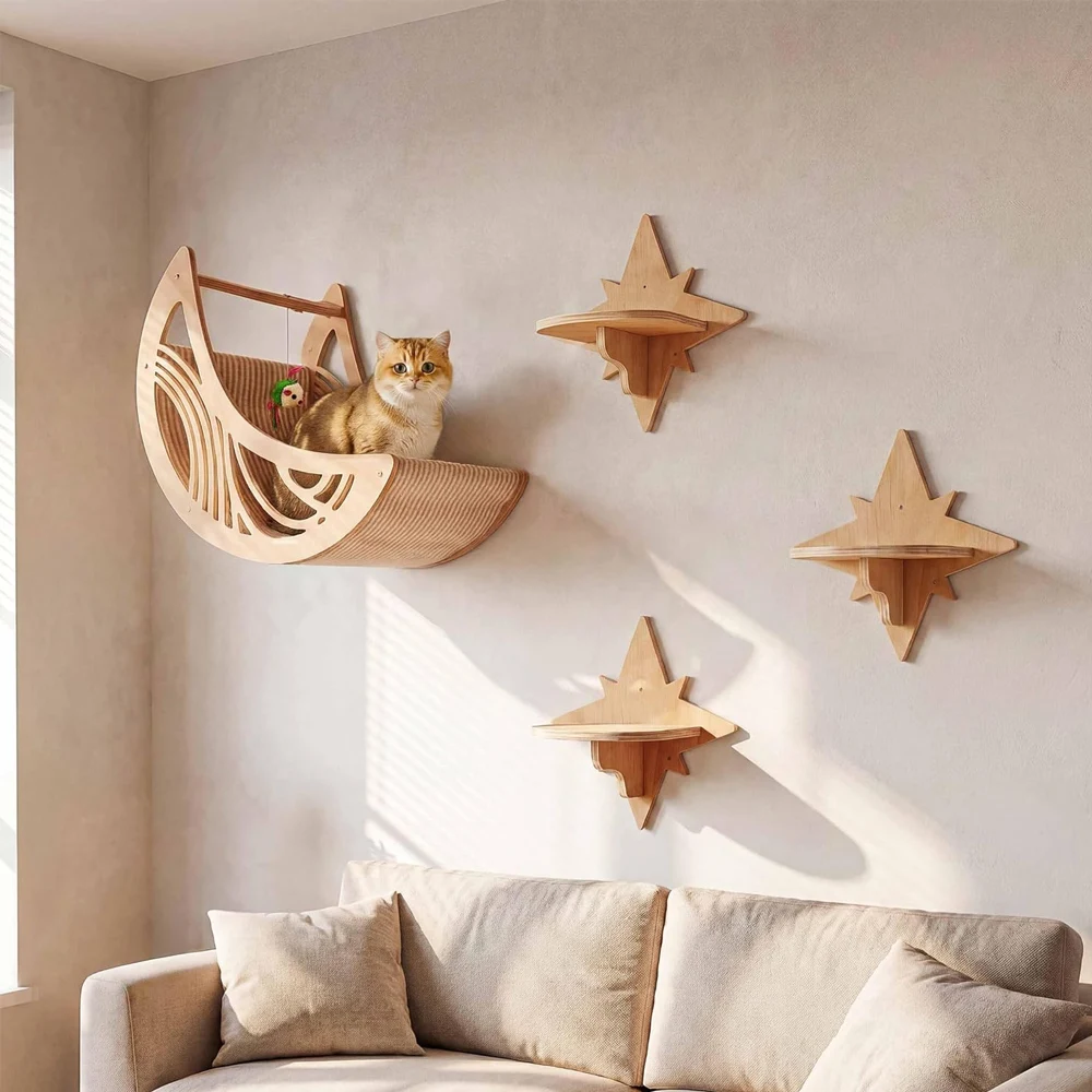 Mond & Stern Katzen-Wandregale: Moderner Holz-Katzenbaum mit Bett, Hängematte und Klettermöglichkeiten für Hauskatzen – Zubehör – Detail 5