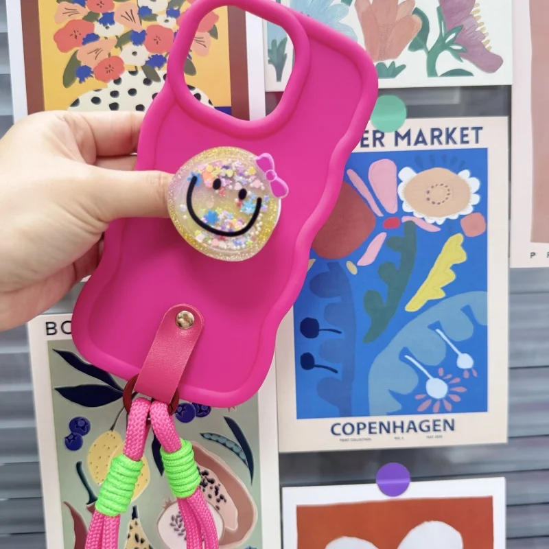 

Ins Smile Holder Strap Soft Phone Case For iPhone16 15Plus 14 13/12/11Promax 678Plus SE2/3 Full Cover Skin Shell Body Protection