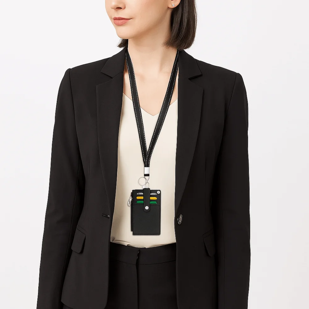 

5 Card Slot Design Coin Purse Wallet PU Leather Zipper Pocket ID Card Holder with Lanyards Neck Strap Multi-compartment