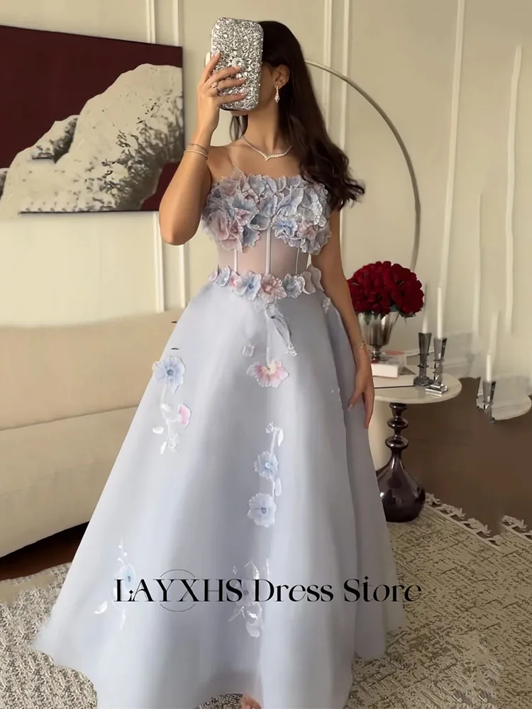 LAYXHS Exquisite trägerlose Abendkleider, A-Linie, 3D-Blumen-Tüll, durchsichtig, mit Schnürung, Damen-Abschlussballkleider, individuell gestaltet