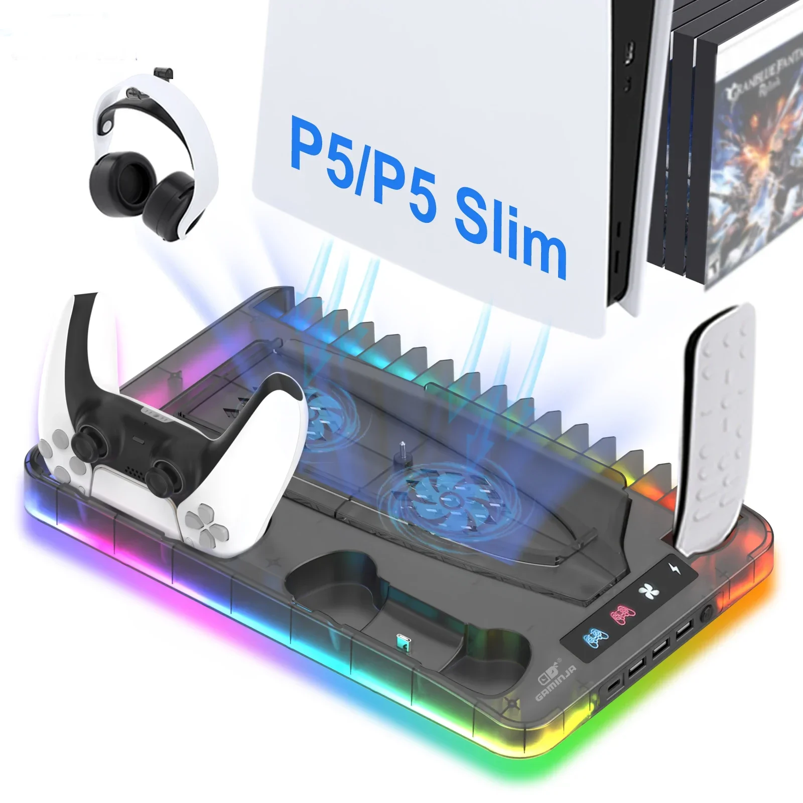 Game Console Base for PS5 PS5 Slim With 7 Color Light Effect Headphone Hook Game Disc Storage Rack Handle Charging Stand