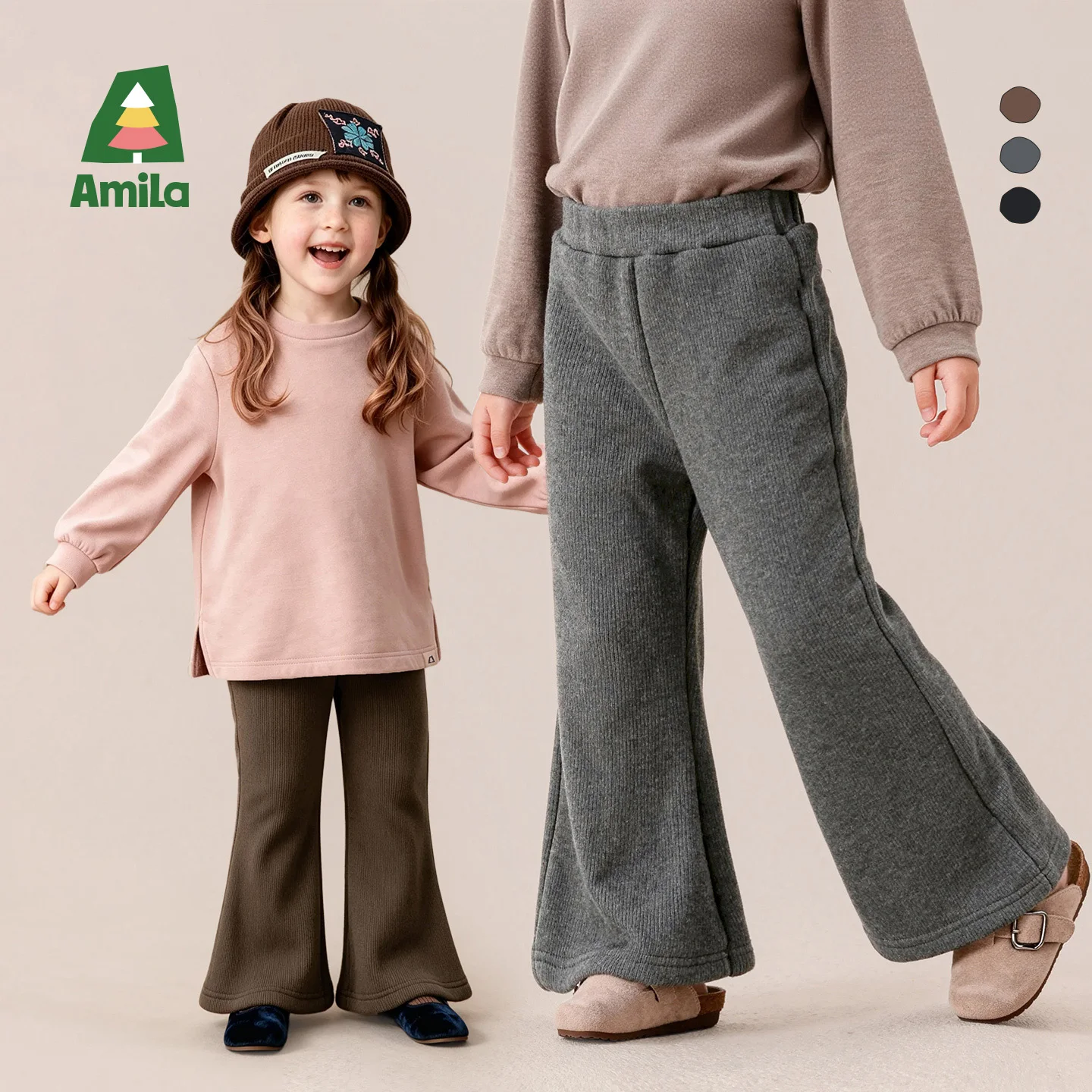 Amila 2026 Winter New Kids Casual Long Pants Ribbed One Piece Fleece Slight Flare High Waist Slim Fit Soft Daily Long Pants