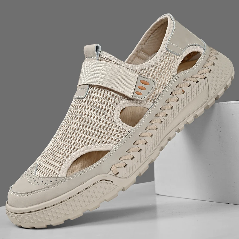 Brand Mesh Leather Men Summer Loafers Breathable Driving Shoes Moccasins Hollow Out Male Cool Lazy Shoe Leisure Walk Men Sandals