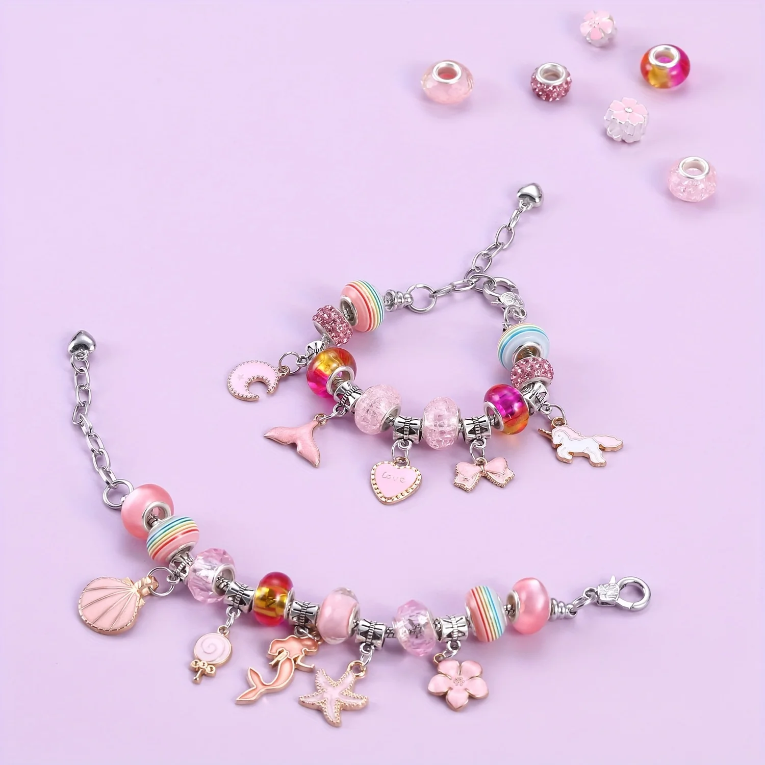 67pcs Pink Jewelry Making Kits -Charm Bracelet Making Kit with 60 Charms Beads, 3 Bracelet Chains and 3 Necklace Cords