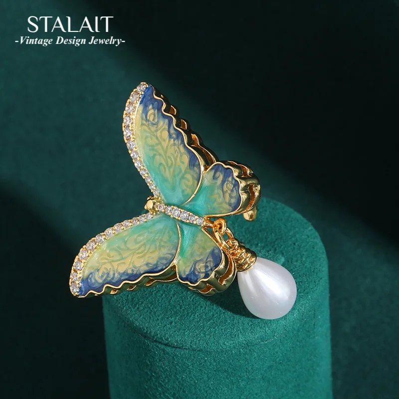 

Vintage Jewelry Butterfly Rings For Woman Gold Color Water Drop Pearl Dangle Colorful Enamel Luxury Party Accessories 2025 New