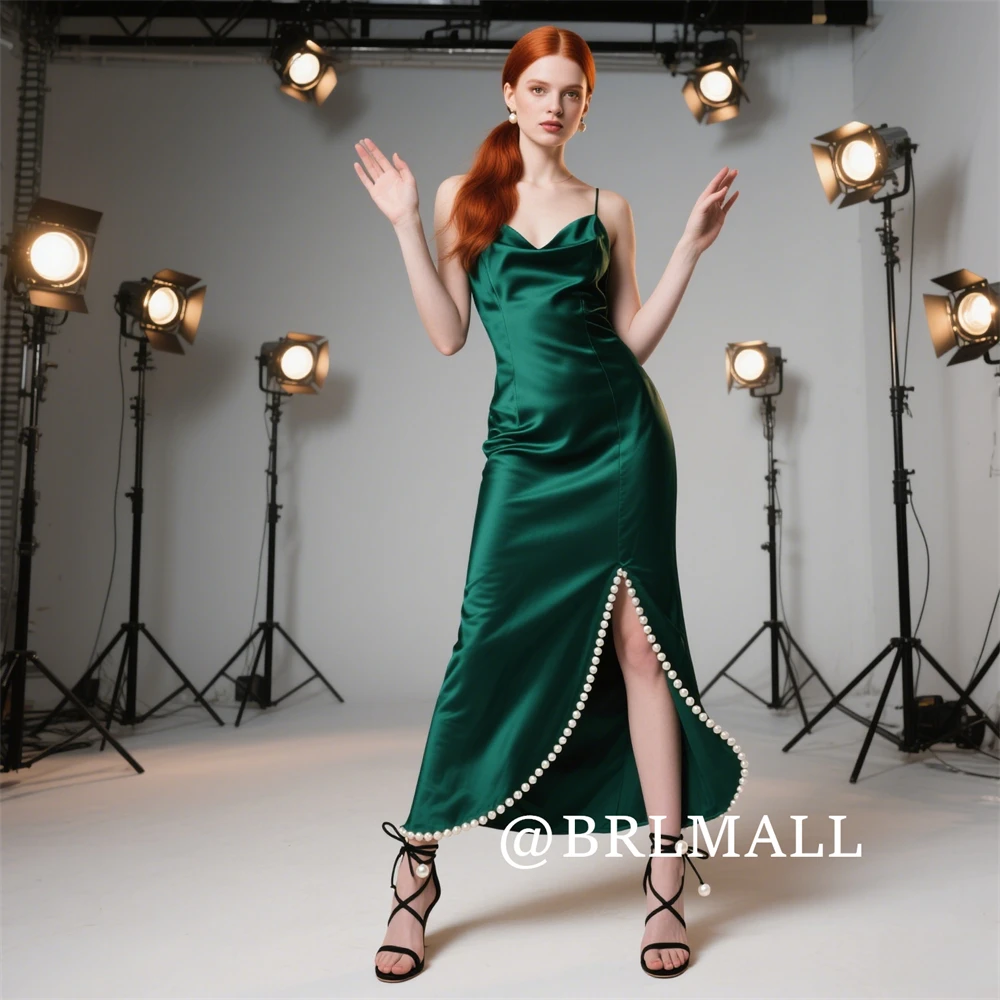 

BRLMALL Cute Pearls Long Formal Dress for Women 2025 Spaghetti Straps Chic Satin Party Gowns Customized Cocktail Gowns