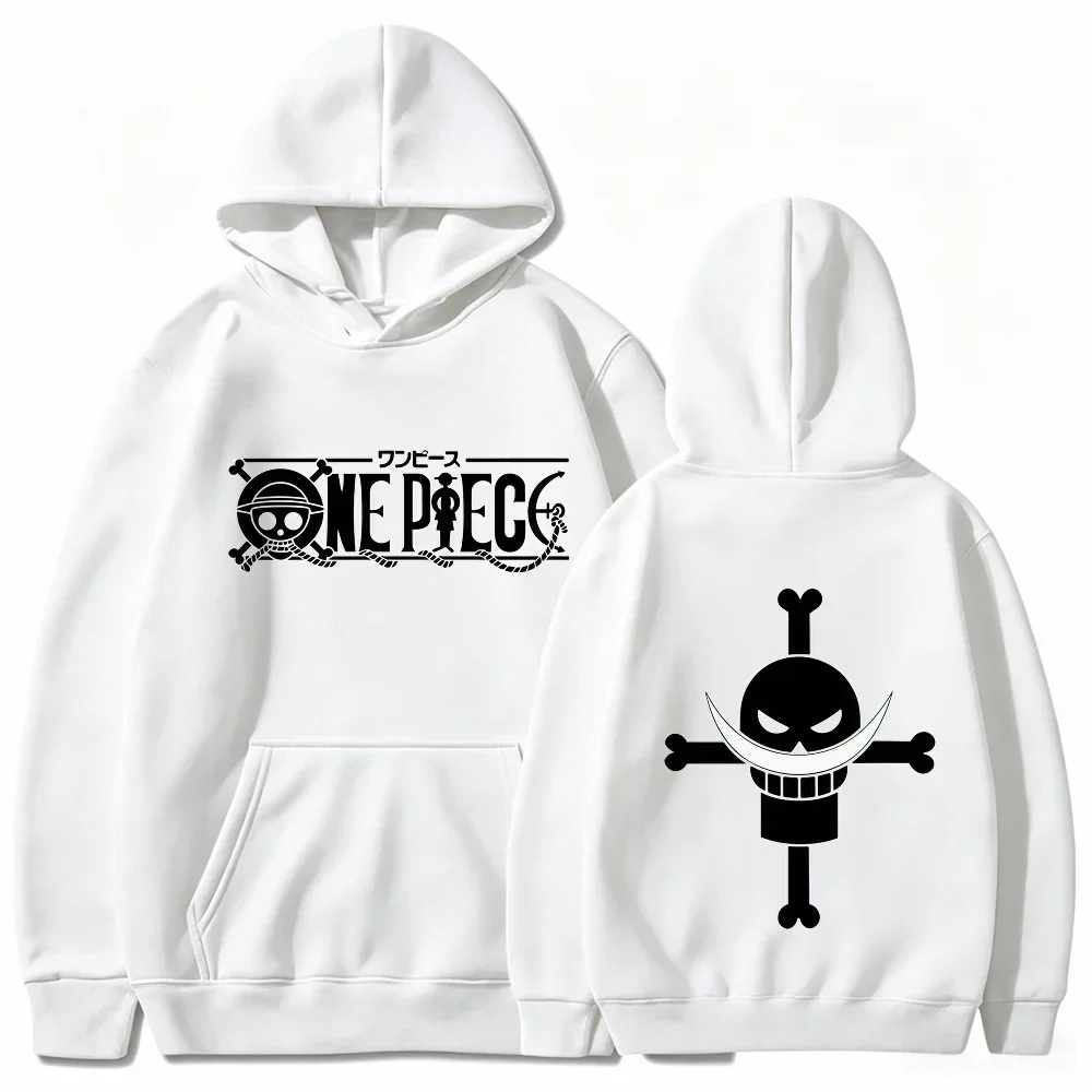 One Piece Hoodie, Men Women Drawstring Hooded Sweatshirt Whitebeard Pirate Skull Logo Front Back Anime Print Streetwear Pullover