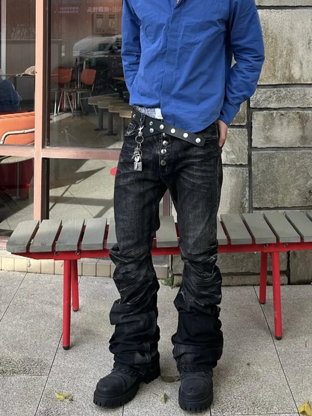 

Retro American Streetwear Men's Jeans with Button Design And Pleats Slim Fit Autumn Season Crack Wave Pattern Trousers