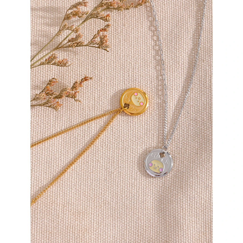 Yhpup Cute Enamel Yellow Duck Round Pendant Stainless Steel Chic Necklace Women Stylish Charm Korean Waterproof Luck Jewelry