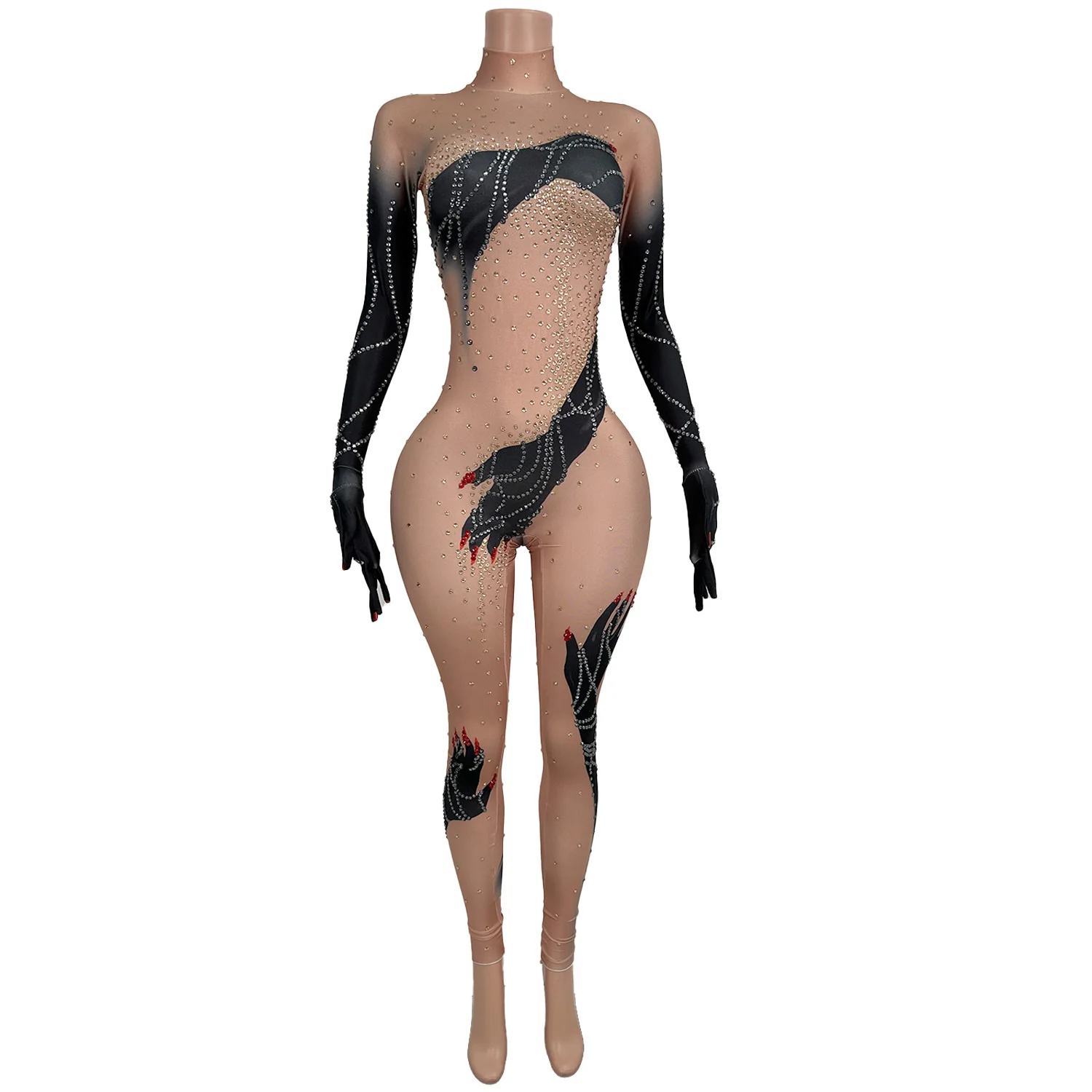 

Sparkly Rhinestones Women Tight Fitting Jumpsuit Night Club Event Party Outfit Singer Dancer Show Stage Spandex Elastic Outfit