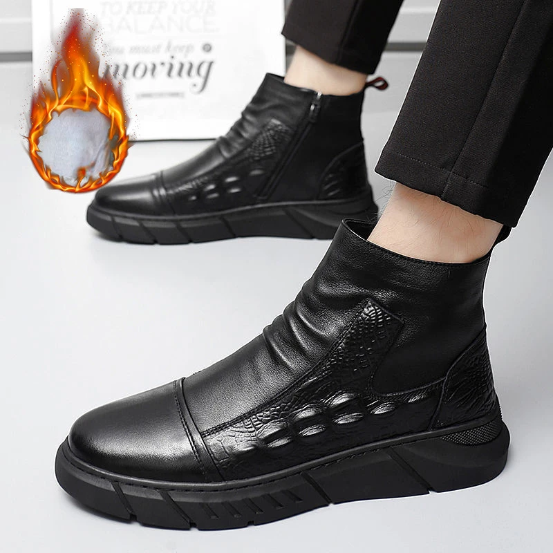 Winter Men Ankle Boot Crocodile Pattern Handsome Fashion Black HighTop Shoe British Style Ninja Plush Cotton Shoe мужская обувь