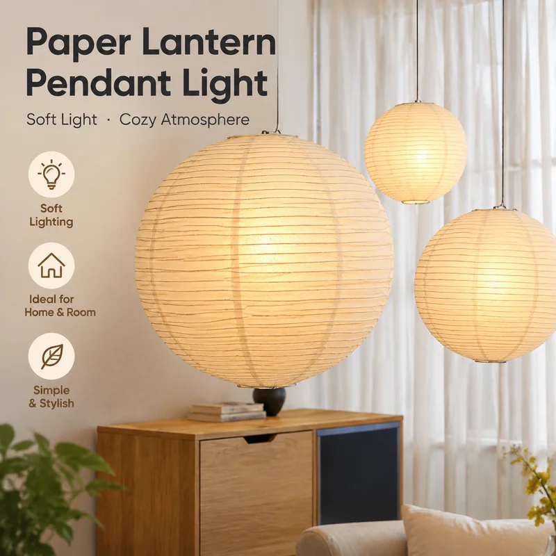 Pendant Light Japanese Washi Paper Globe, Noguchi Handmade Warm Ambient Fixture for Living Room Bedroom Study, Modern Chandelier