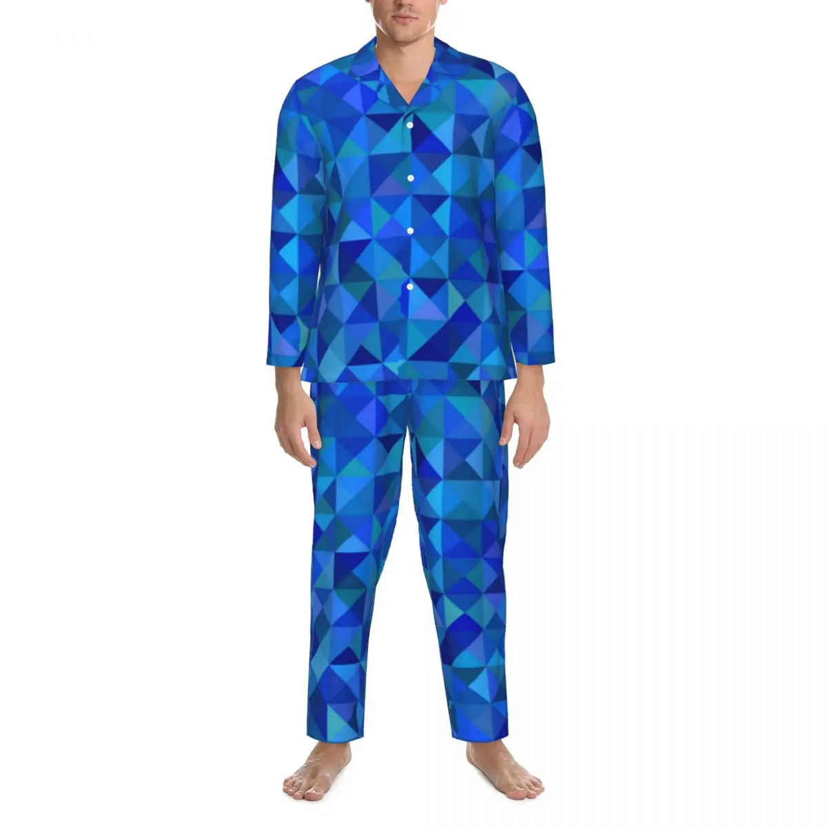 

Pajamas Men Blue Abstract Geometry Home Sleepwear Bright Shapes Print Vintage Pajama Sets Long Sleeve Soft Oversize Home Suit