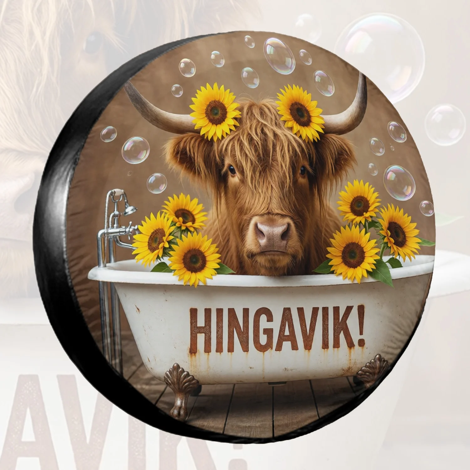 1pc Spare Tire Cover Highland Cow In Bathtub With Sunflowers (1) Weatherproof Dustproof Wheel Protectors Universal Wheel Covers