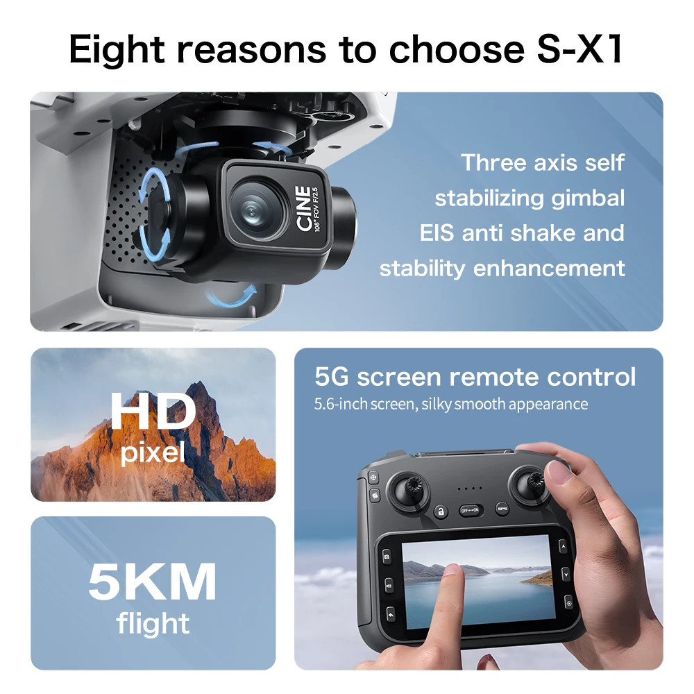 2025 NUEVO S-X1 Mini Drone con Pantalla Grande 3 Ejes Gimbal Anti-vibración Aéreo Brushless Drones 5G GPS 8K HD Cámara EIS RC Quadcopter