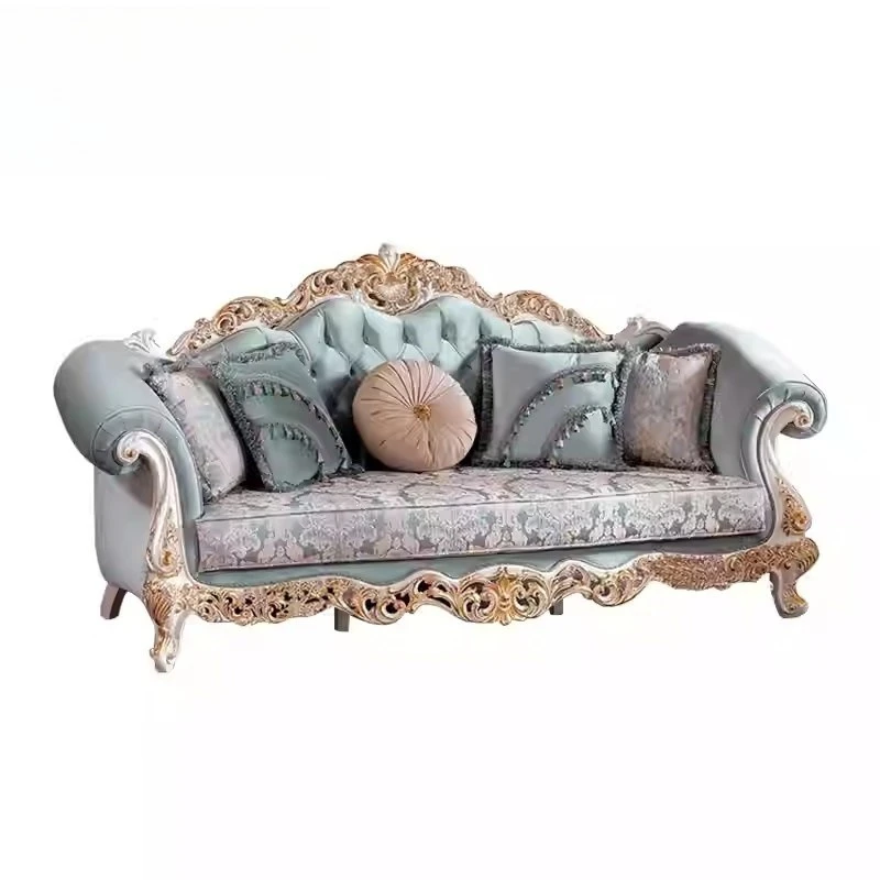 

European-style solid wood carved sofa, coffee table, French luxury fabric multi-seat sofa