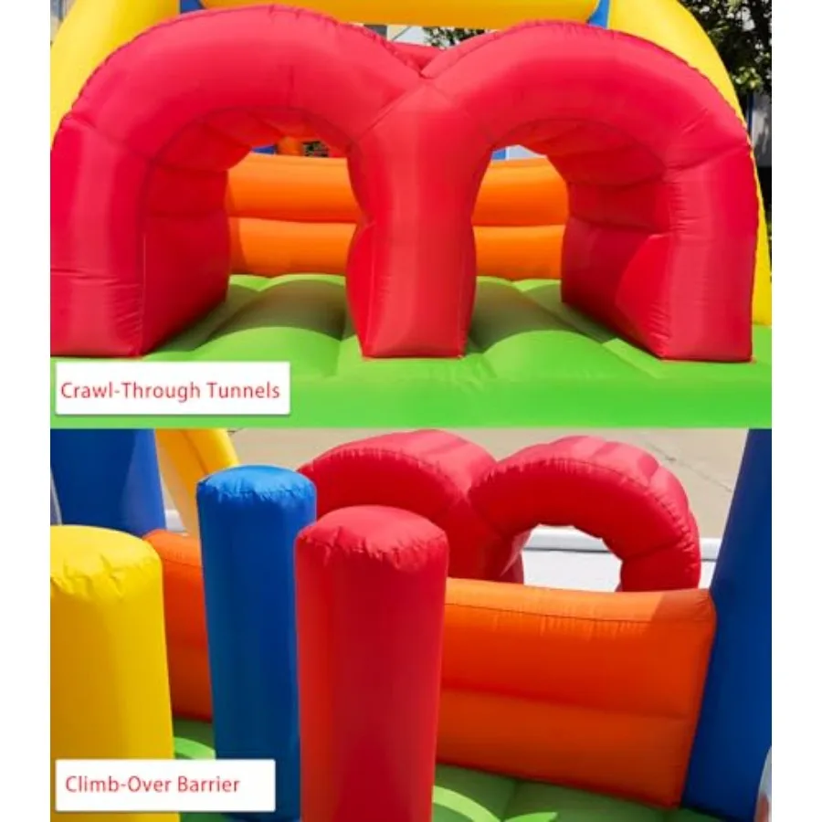 منزل ترتد العوائق القابل للنفخ للأطفال بطول 16.3 × 7.2 قدم مع شرائح سباق مزدوجة وأنفاق الزحف والتسلق والعوائق والقفز الكل في واحد